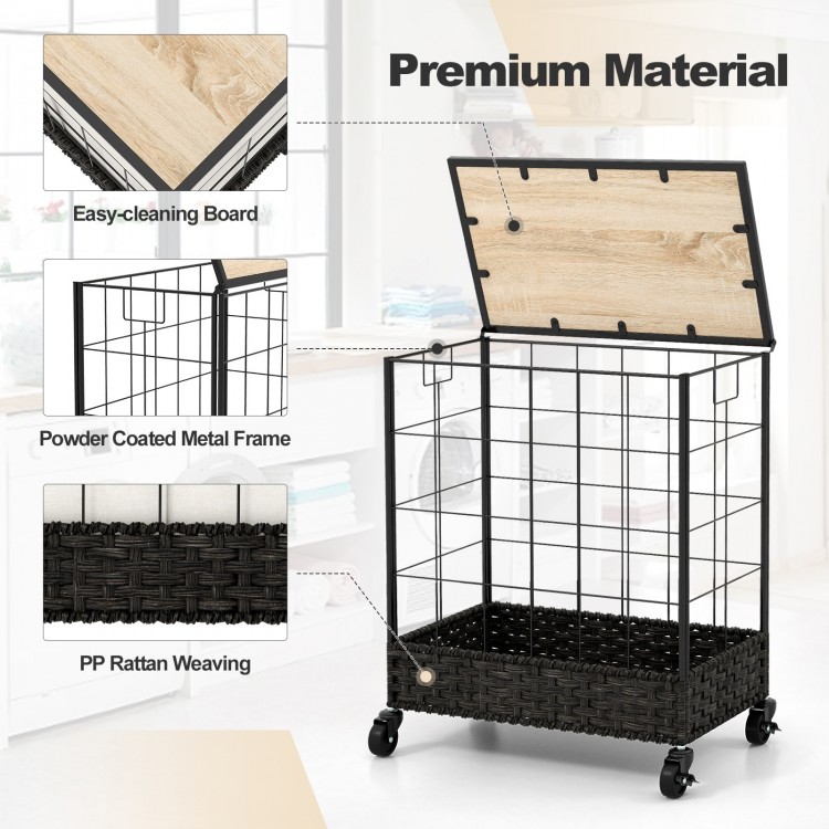 Laundry hamper with lid and lockable wheels, featuring a durable powder-coated frame and stylish PP rattan weaving.