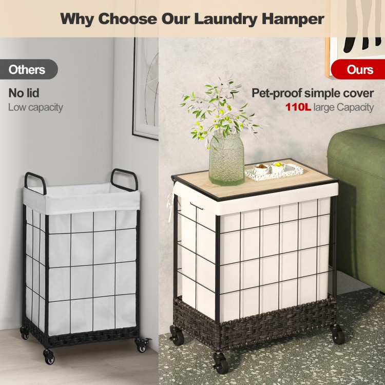 Laundry hamper with lid and lockable wheels, 110L capacity, durable polycotton bag, and stylish PP rattan weaving.