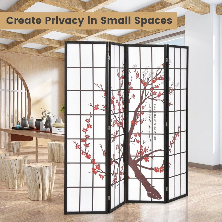 Folding decorative privacy screen with plum blossom design, 6 feet tall, ideal for living room or bedroom use.