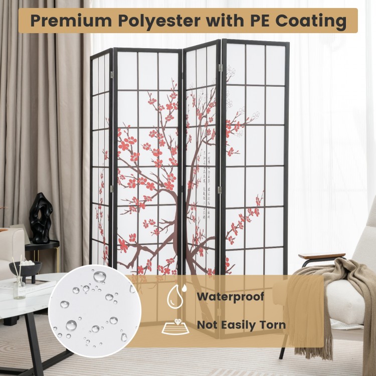 Folding decorative privacy screen with plum blossom design, made of durable waterproof polyester, ideal for home decor.
