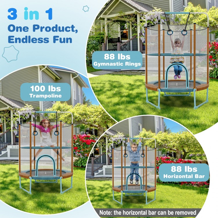 60-inch trampoline with detachable gymnastic bar and rings, designed for kids aged 3-6, featuring safety enclosure and.