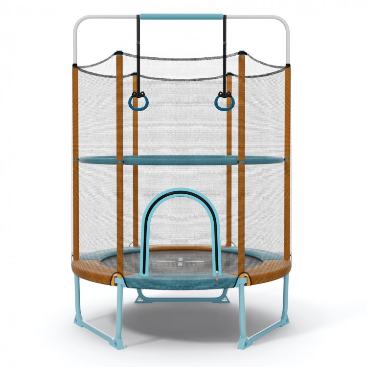 Toddler trampoline with gymnastic bar and rings, featuring a padded enclosure net for safety and stability.