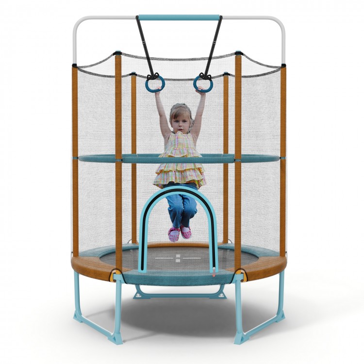 Toddler trampoline with gymnastic bar and rings, featuring a high-density enclosure net for safety and stability.