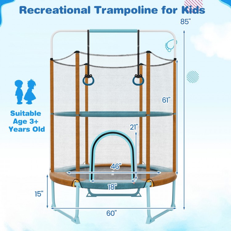 60-inch trampoline with gymnastic bar and rings for kids, featuring a high-density enclosure net and U-shaped legs for.