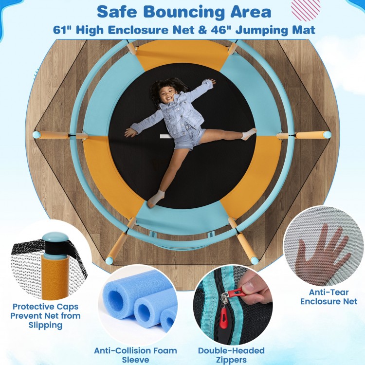 61-inch trampoline with high enclosure net, padded rings, and anti-skid legs for kids' safe bouncing fun.