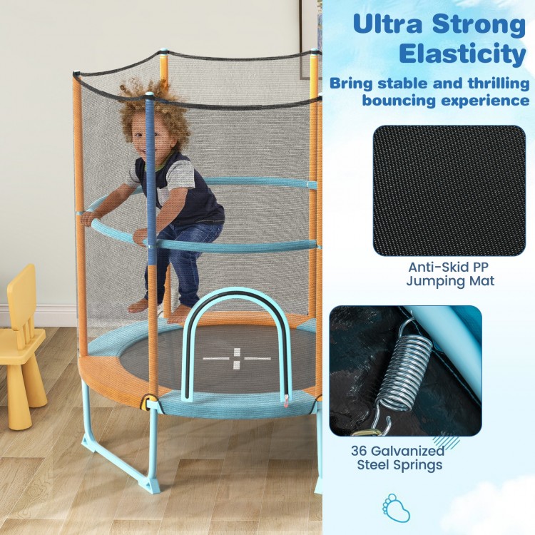 Toddler trampoline with gymnastic bar, padded rings, and high-density enclosure net for safe bouncing fun.