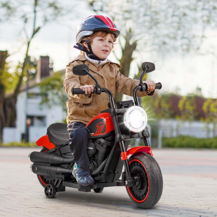 Kids electric motorcycle in red with training wheels, LED headlights, and realistic throttle for fun outdoor rides.