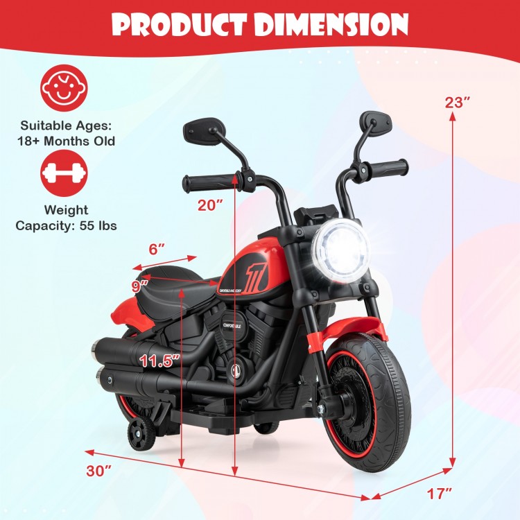 Kids electric motorcycle in red with training wheels, LED headlights, and dimensions for ages 18+ months.