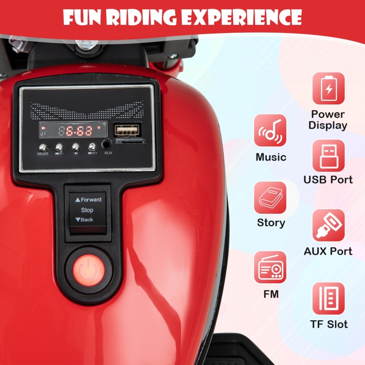 Kids electric motorcycle dashboard in red with power display, USB port, and controls for music and stories.