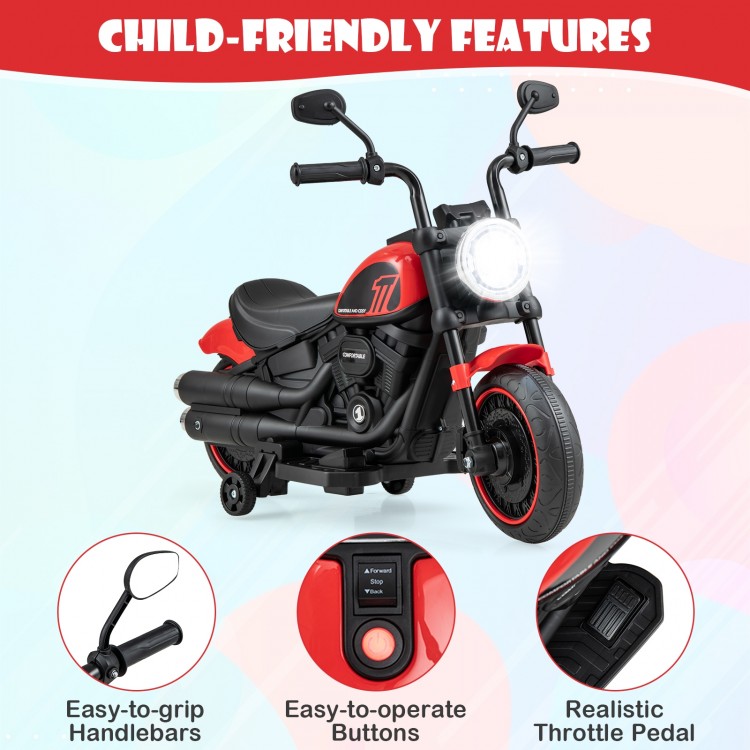 Kids electric motorcycle in red with training wheels, LED headlights, and easy-to-operate buttons for safe riding fun.