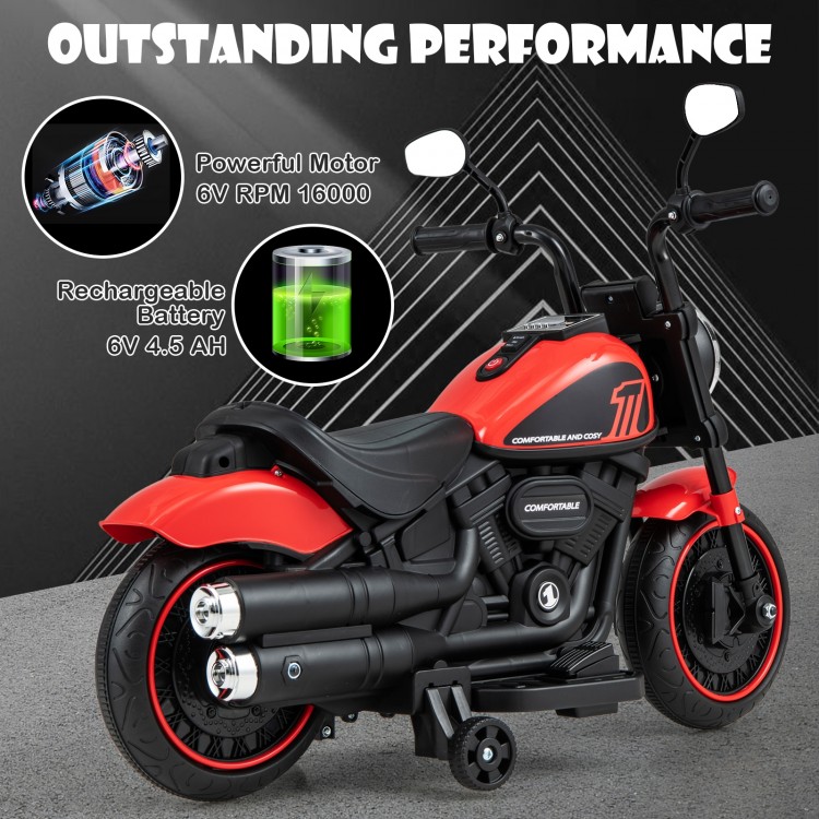 Kids electric motorcycle in red with training wheels, LED headlights, and realistic throttle for safe, fun riding.