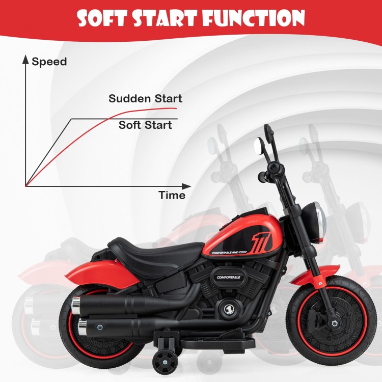 Kids electric motorcycle in red with training wheels, LED headlights, and soft start function for safe riding.