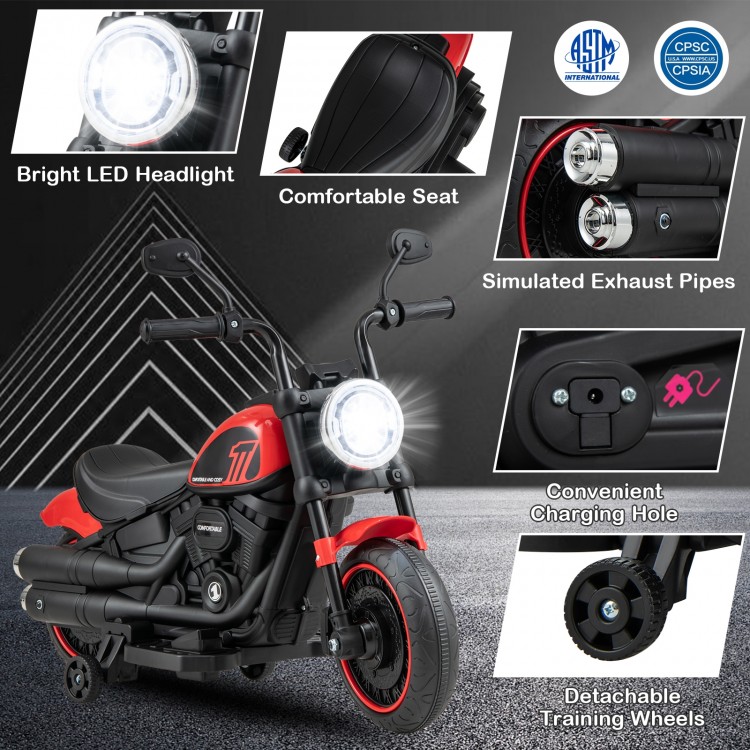 Kids electric motorcycle in red with LED headlights, detachable training wheels, and comfortable seat for safe riding.