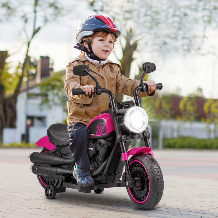 Kids electric motorcycle in pink with training wheels, LED headlights, and realistic throttle for safe outdoor fun.