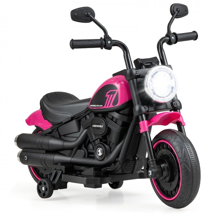 Kids electric motorcycle in pink with training wheels, LED headlights, and comfortable seat for fun outdoor riding.