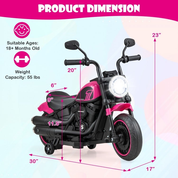 Kids electric motorcycle in pink with training wheels, LED headlights, and realistic throttle for ages 18+ months.