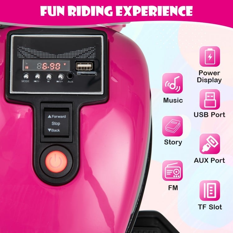 Close-up of the pink Kids Electric Motorcycle control panel featuring music, USB port, and power display for fun rides.