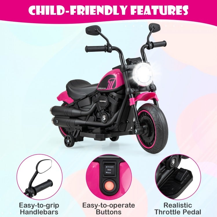 Kids electric motorcycle in pink with training wheels, LED headlights, and easy-to-grip handlebars for safe riding.