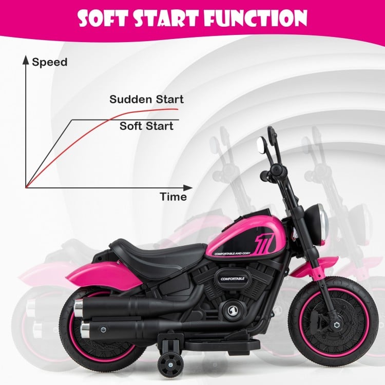 Kids electric motorcycle in pink with training wheels, featuring a soft start function for safe riding and LED.