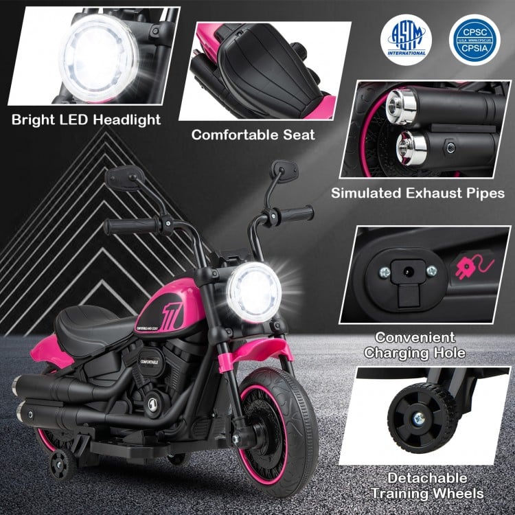 Kids electric motorcycle in pink with LED headlights, comfortable seat, and removable training wheels for safe riding.