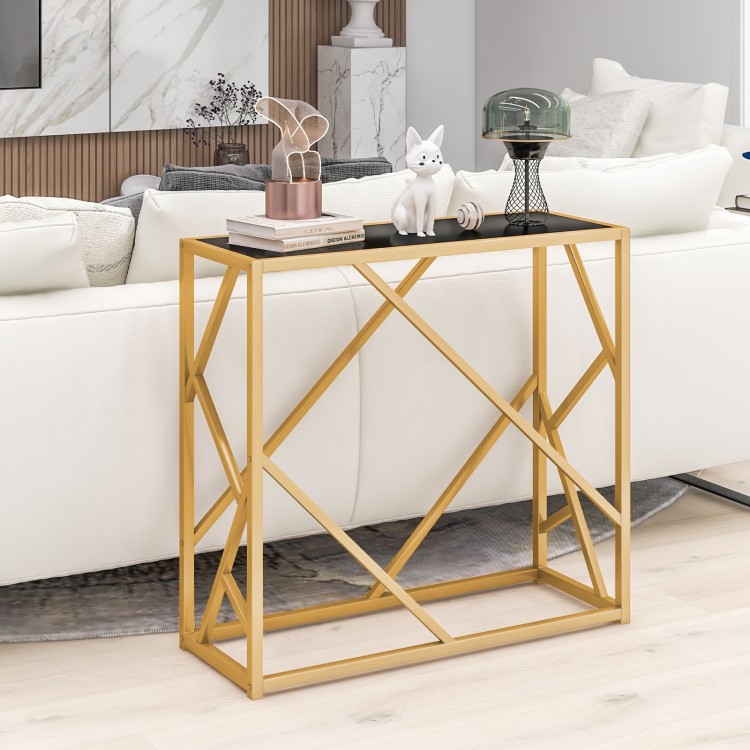 Golden metal frame entryway table with black top, featuring modern design and sturdy construction for versatile use.