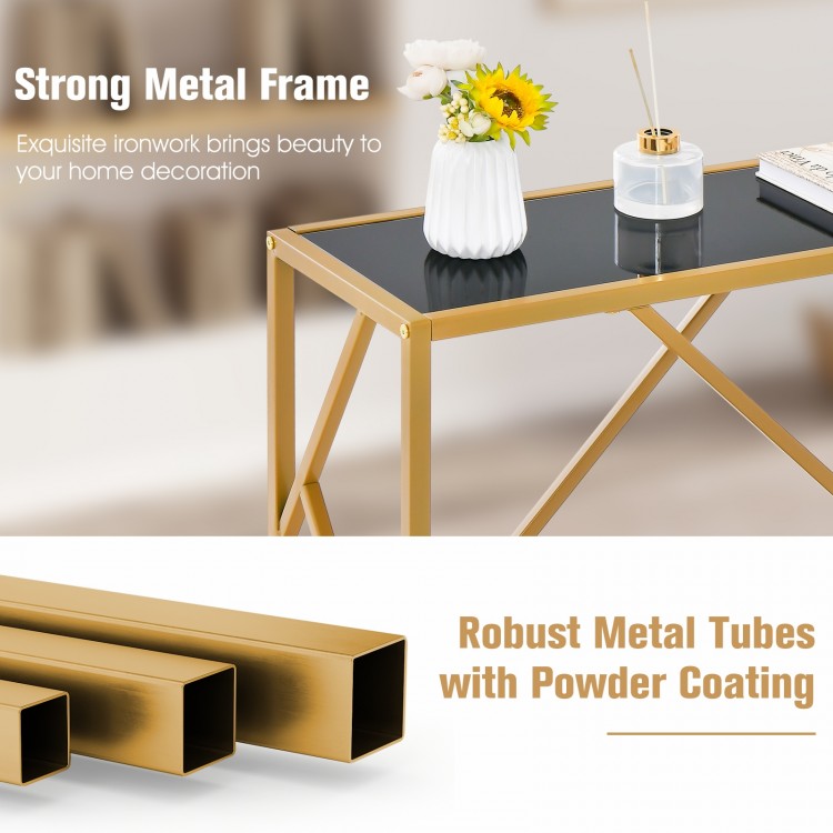 Golden heavy-duty metal frame entryway table with black tabletop, featuring robust construction and non-slip feet for.