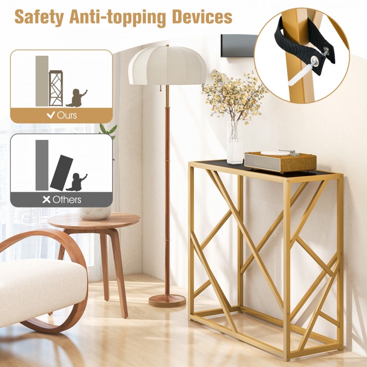 Golden heavy-duty metal frame entryway table with anti-topping device, showcasing modern design and stability features.