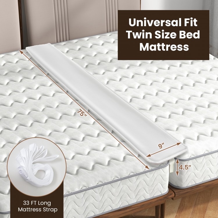 9-inch wide bed bridge for converting twin beds to king size, featuring a soft cover and secure connector strap.