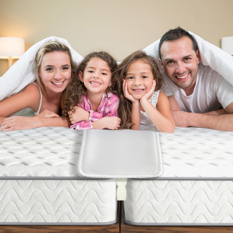 T-shaped bed bridge converter kit filling the gap between two twin mattresses for a seamless king size bed.