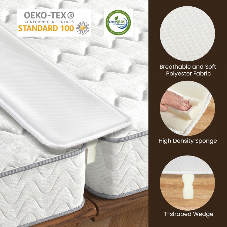 T-shaped wedge bed bridge converter kit for twin to king beds, featuring soft polyester fabric and high-density sponge.