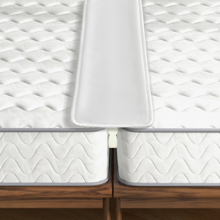 T-shaped bed bridge filling the gap between two twin mattresses, designed for seamless king size conversion.