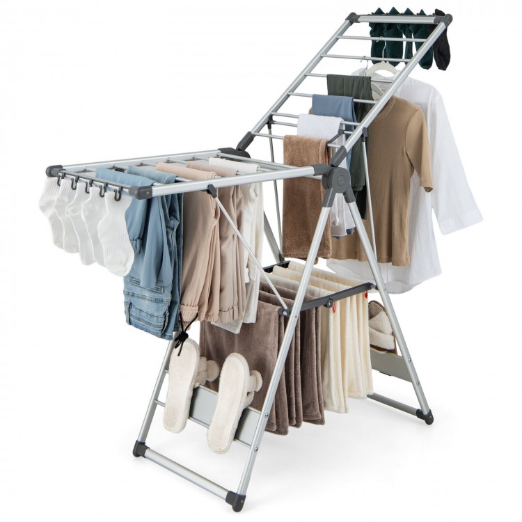2-layer folding clothes drying rack with adjustable height, featuring a sturdy A-frame design and ample drying space.