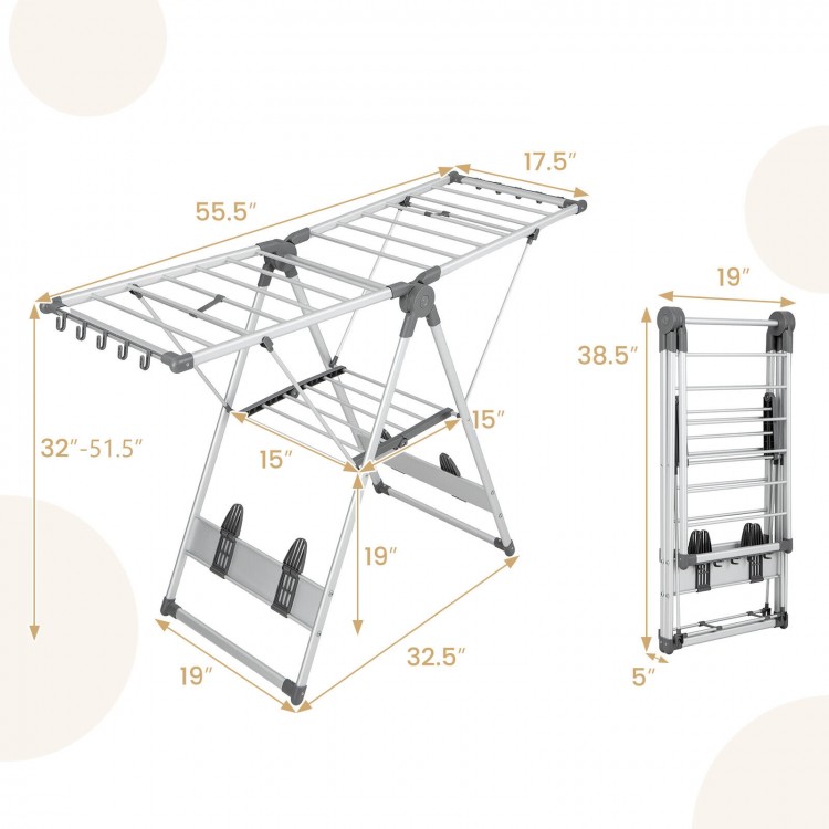 2-layer folding clothes drying rack with adjustable height, featuring a sturdy A-frame design for versatile drying.
