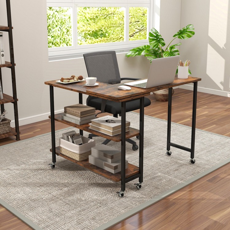 360° rotating sofa side table in rustic brown with 2-tier storage shelves, ideal for living room or office use.