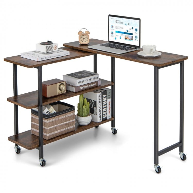 Sofa side table in rustic brown featuring a sturdy metal frame and 6 lockable casters for easy mobility and stability.