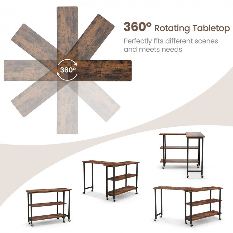 Rustic brown 360° rotating sofa side table viewed from above, featuring spacious tabletop and sturdy metal structure.