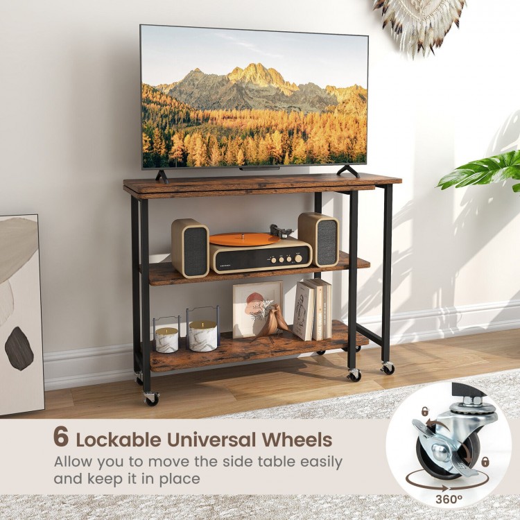 360° rotating sofa side table in rustic brown with 2-tier shelves and 6 lockable wheels for easy movement and stability.