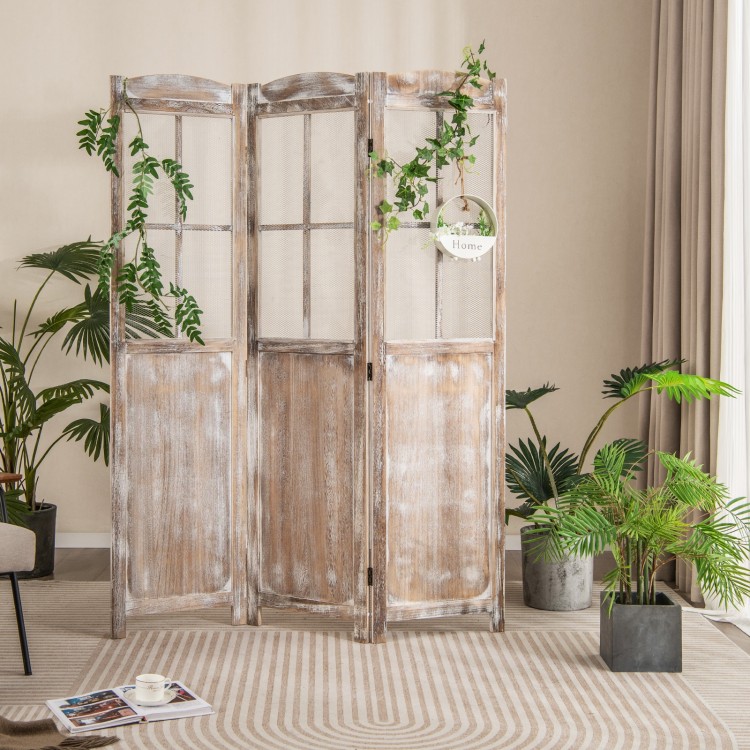 Folding privacy screen in coffee color with mesh windows, ideal for room division and enhancing indoor aesthetics.