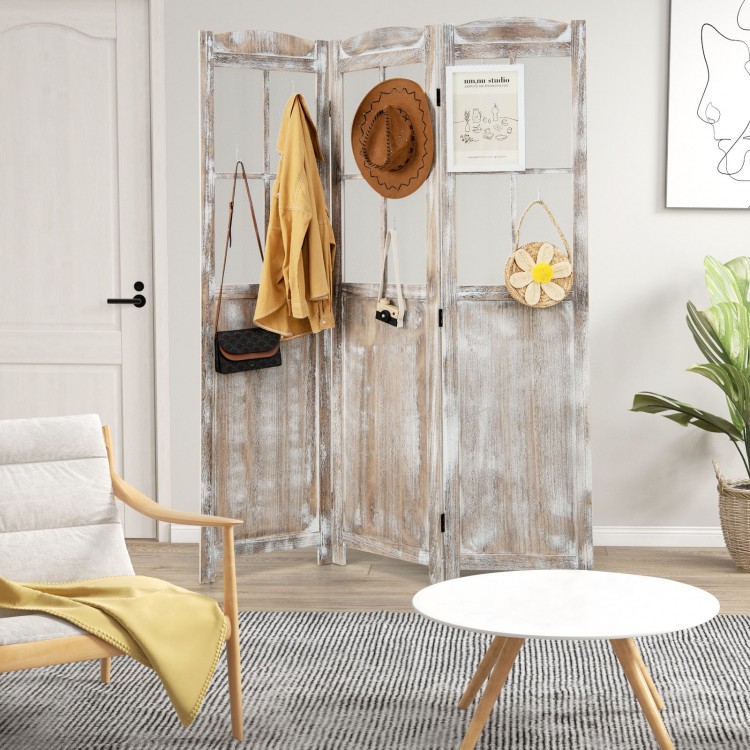 Folding privacy screen in retro design with mesh windows, made of paulownia wood, ideal for room division and.