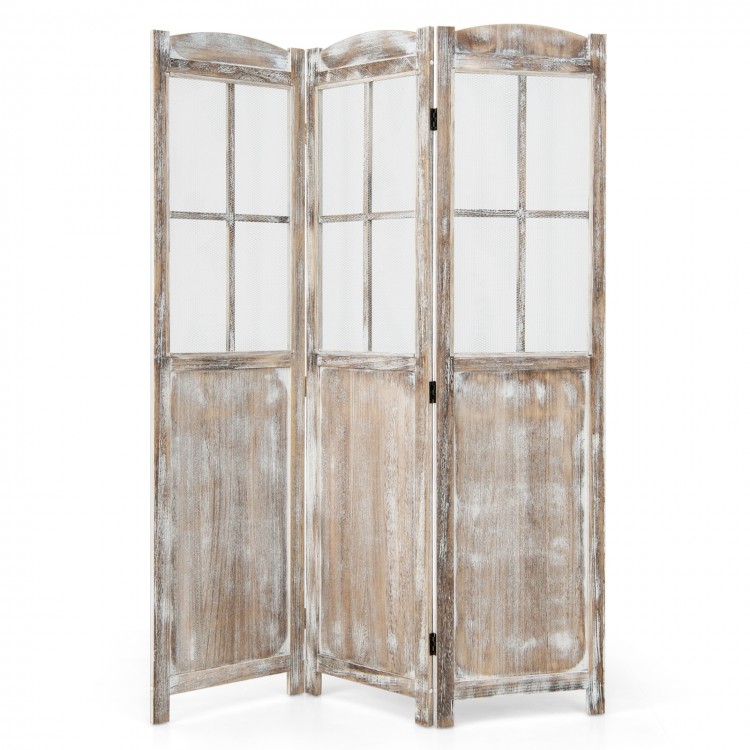 Folding privacy screen in retro design, made of paulownia wood with mesh windows for airflow, ideal for indoor and.
