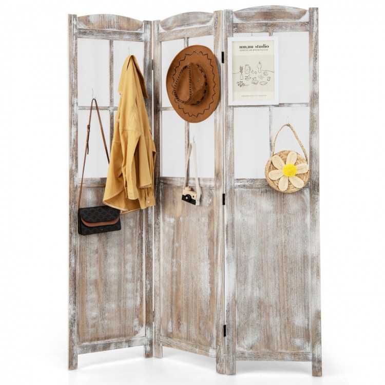 Folding privacy screen in coffee color, featuring a retro design and mesh windows, ideal for indoor or outdoor use.