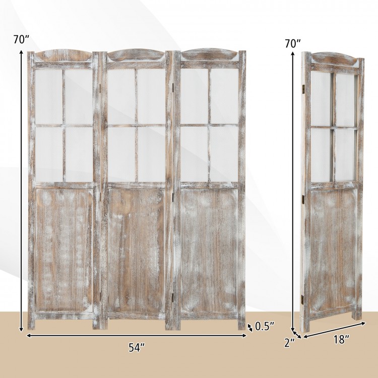 Folding privacy screen in coffee color, featuring a retro design with mesh windows, ideal for room division or.