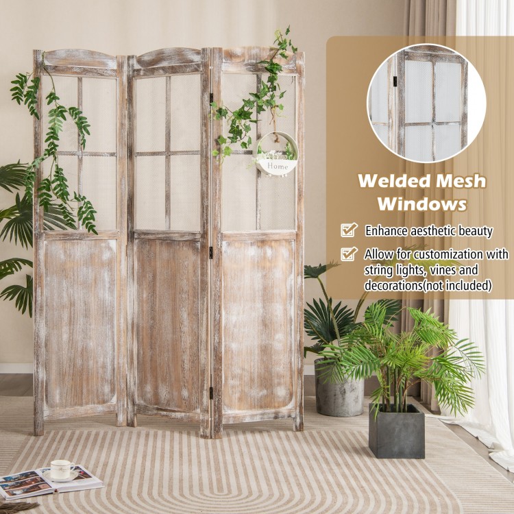 Folding privacy screen with welded mesh windows in a retro design, perfect for indoor or outdoor decoration and privacy.