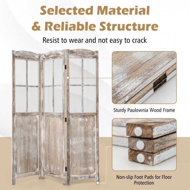 Folding privacy screen made of sturdy paulownia wood with mesh windows, ideal for indoor and outdoor decoration.