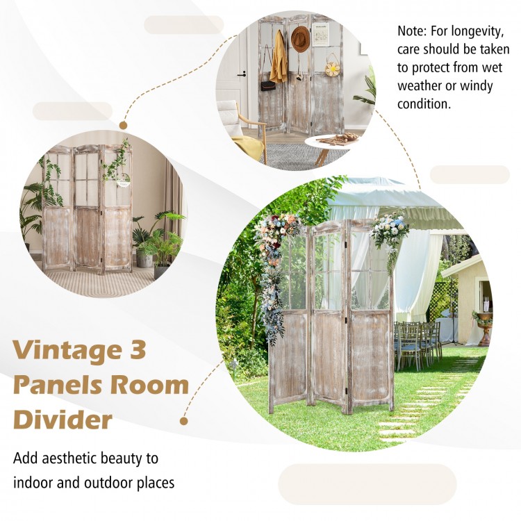 Vintage 3-panel folding privacy screen in coffee, made of paulownia wood, perfect for indoor and outdoor use.