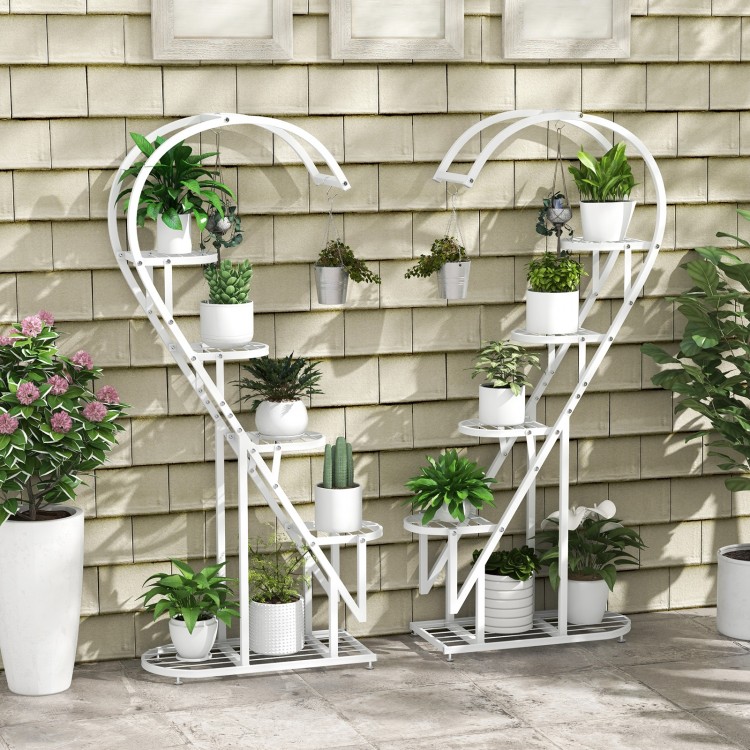 Heart-shaped 5 tier metal plant stand in white, designed for multiple plants with hanging hooks and excellent stability.