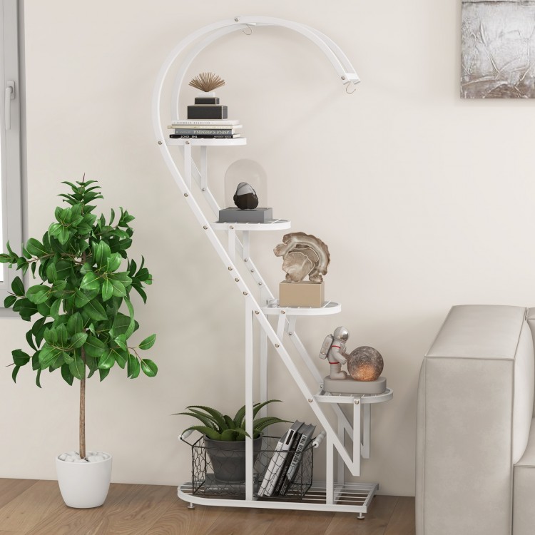 5-tier white metal plant stand with hanging hook, featuring a heart-shaped design for displaying multiple plants.