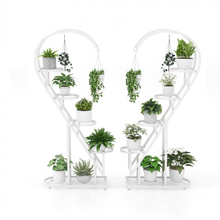 Heart-shaped 5 tier metal plant stand in white, featuring ample space for multiple flower pots and hanging hooks.