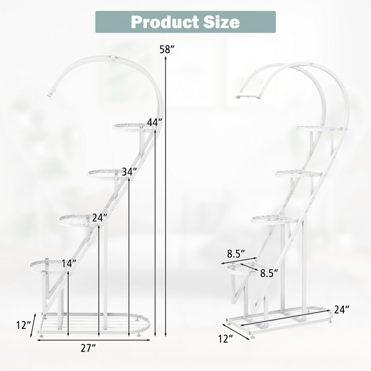 5-tier white metal plant stand with hanging hook, 58" tall, designed for multiple plants and excellent stability.