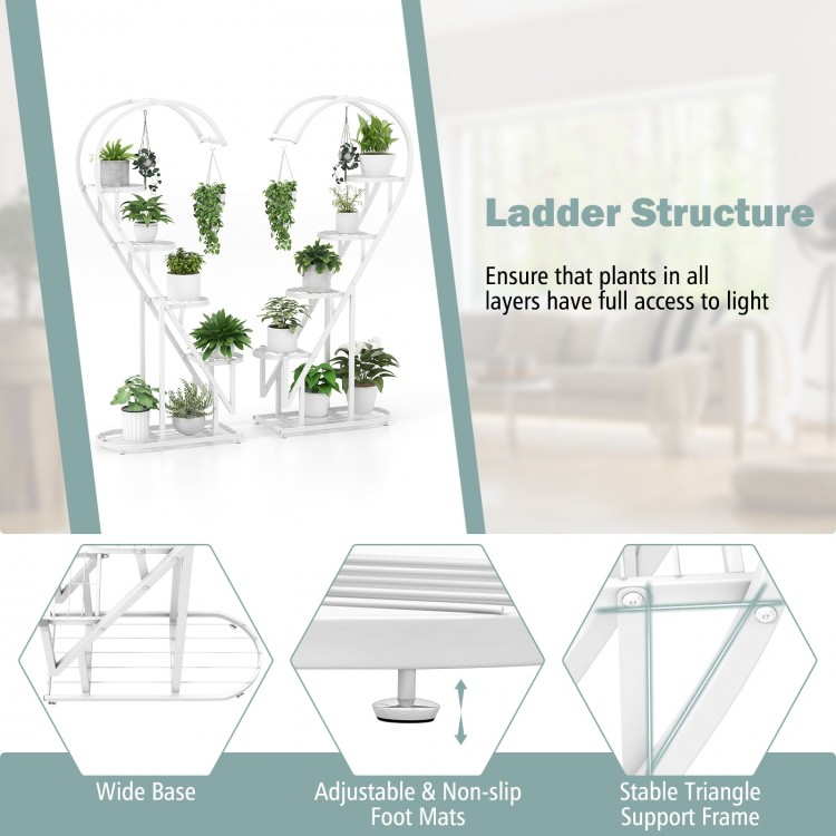 5-tier white metal plant stand with hanging hooks, featuring a heart-shaped design for stable plant display and decor.